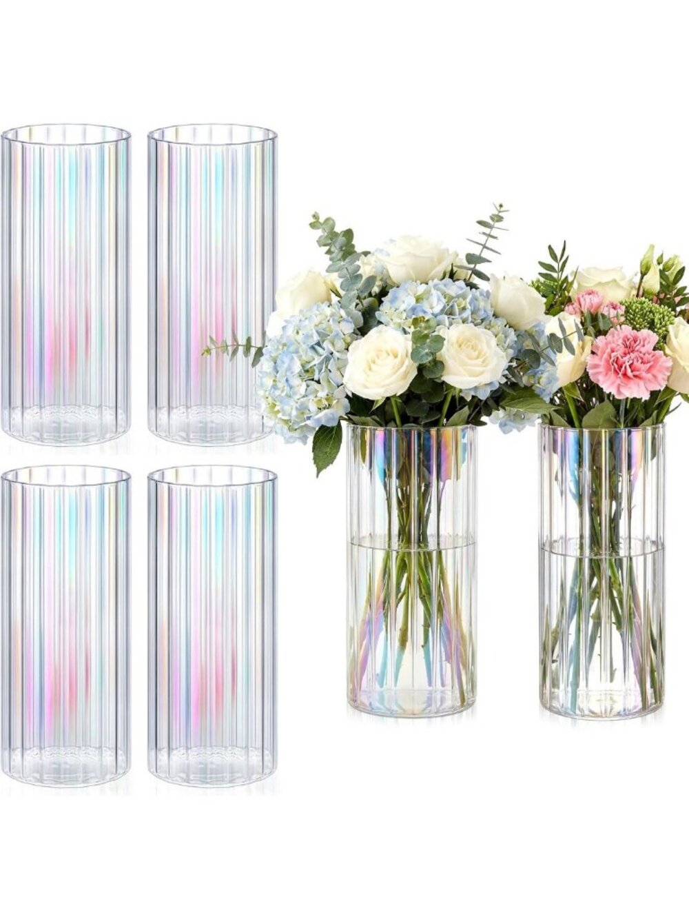 Set of 6 Iridescent 8-Inch Tall Ribbed Glass Cylinder Vases for Home Decor